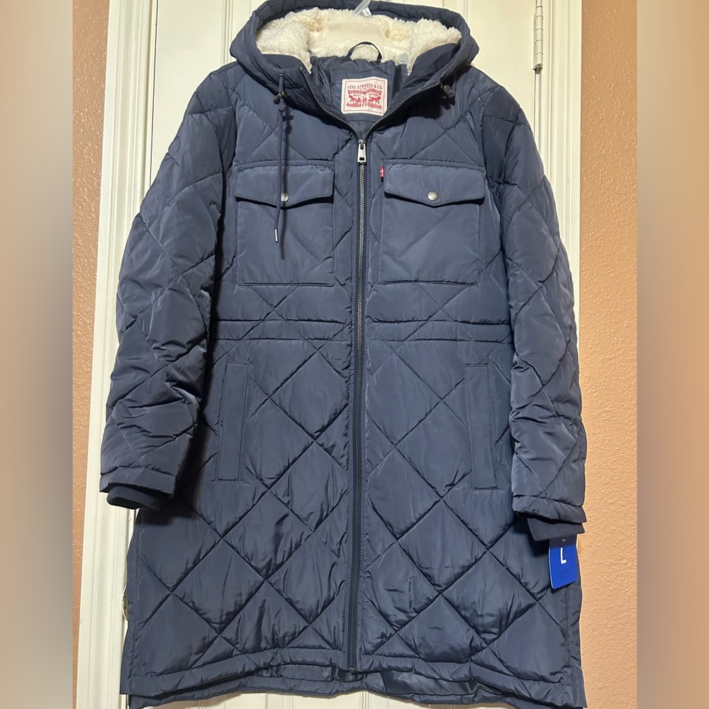 Levi's Women's Soft Sherpa Lined Diamond Quilted Long Parka Jacket XL NWT - Picture 3 of 10